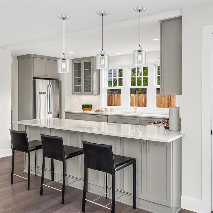 Pendant Light Kitchen Island Lighting 3 Pcs, with Bulb & Clear Glass Shade - 59 Inch Hanging Cord Farmhouse Hanging Lighting Fixture for Dining Room Bedroom Hallway - Brushed Nickel