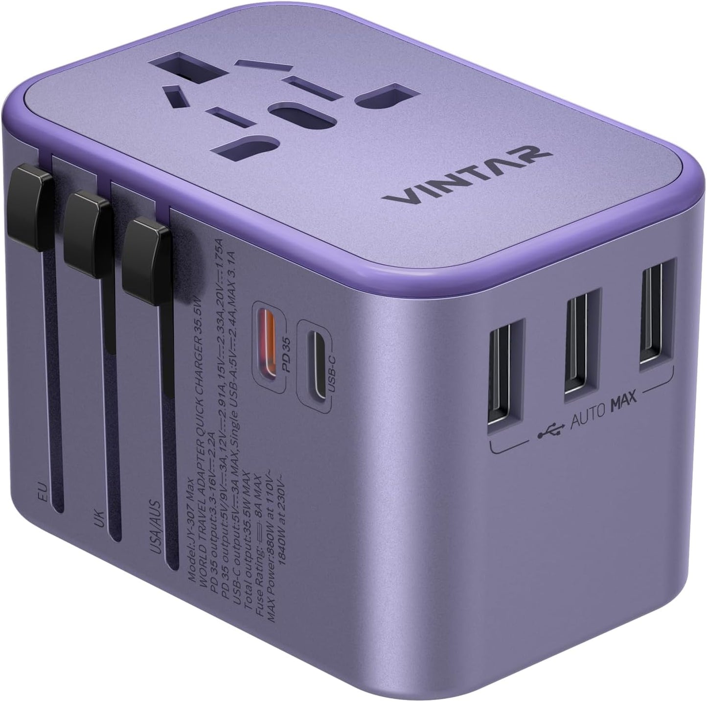 Universal Travel Adapter, VINTAR 35.5W International Power Adapter with 3 USB A QC and 2 USB C PD, All in One Plug Adapter Worldwide Travel Essentials for EU/UK/USA/AUS(Type C/G/A/I), Purple