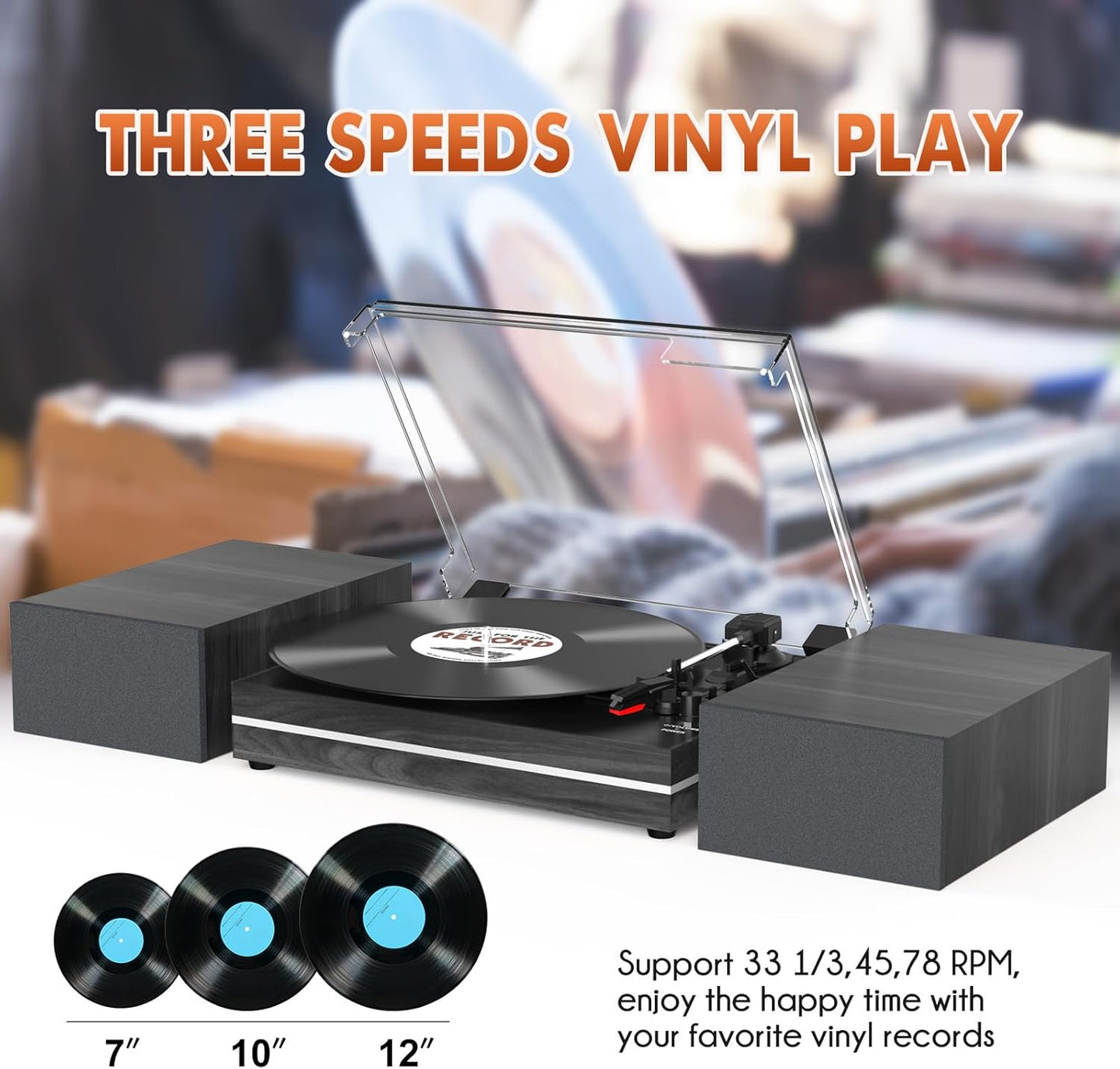 Vinyl Record Player with Dual Separate Stereo Speakers Vintage Turntable with BT Wireless Input Playback Belt Drive 3 Speed 3 Size Playback Record Player Support AUX Headphone Input RCA Out Auto Stop