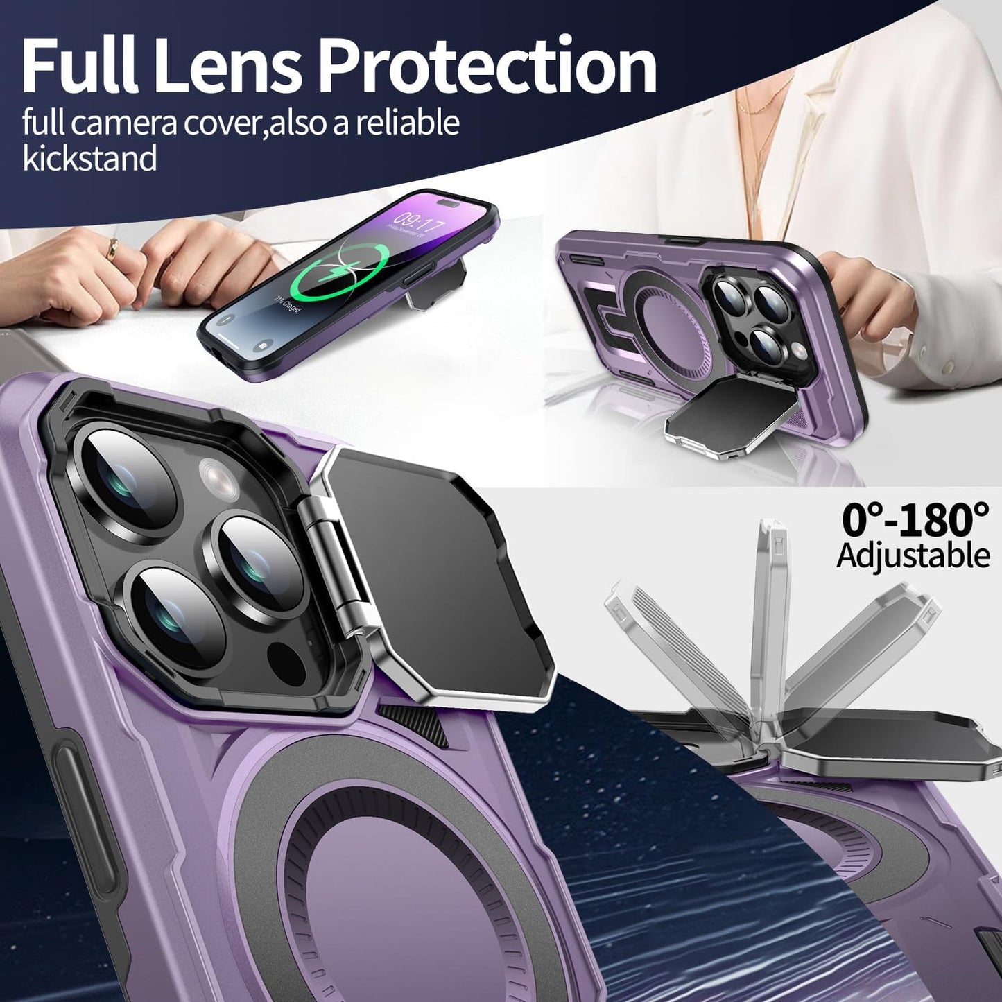 Camera Stand Case for iPhone 14 Pro Max, [Compatible with Mag Safe] [Lens Cover] 2024 Version Military Grade Protective Soft Case for iPhone 14 Pro Max 6.7 inch Men Women, Purple