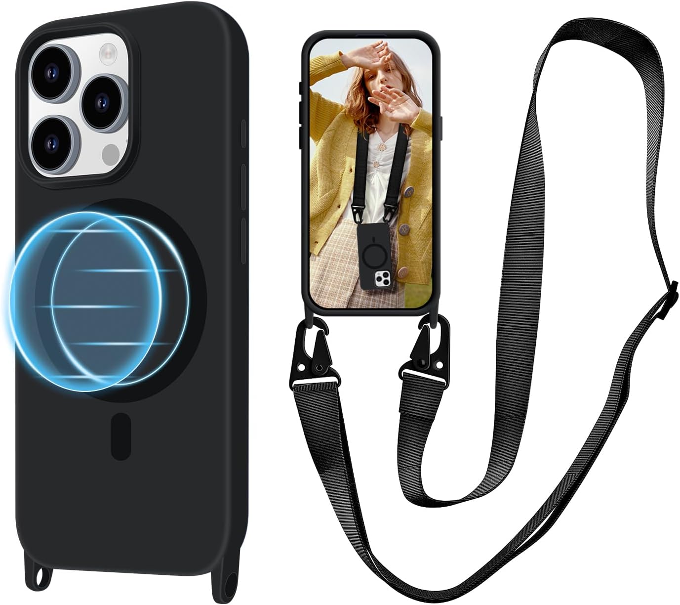for iPhone 16 Pro Case with Lanyard [Compatible with MagSafe], Crossbody Phone Case with Neck Strap Adjustable, Magnetic Phone Cover for iPhone 16 Pro 6.3'' Black