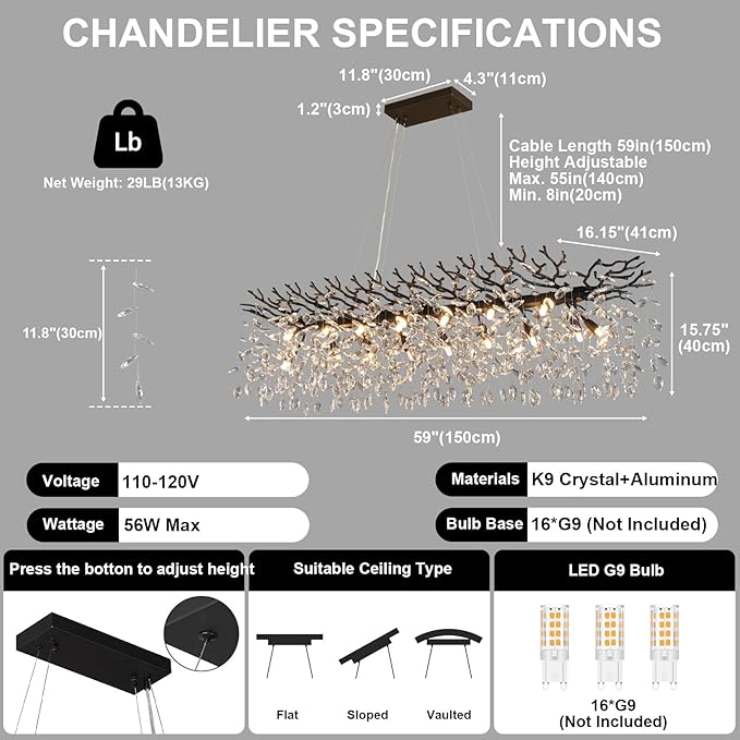 YUYI 60" Black Tree Branch Chandelier, 16-Light Rectangular Crystal Chandelier for Dining Room Kitchen Island, Luxury Modern K9 Crystal Raindrop Chandeliers Light Fixture for Living Room