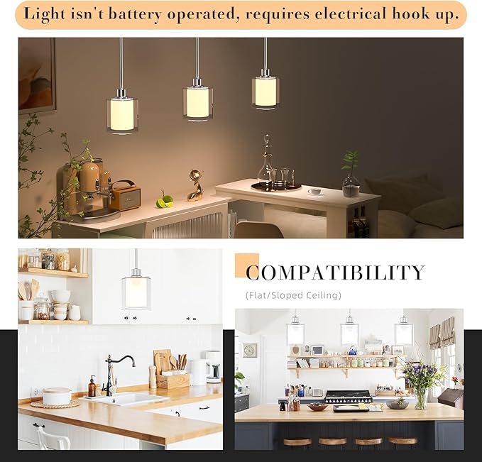 Pendant Light Kitchen Island Lighting 2 Pcs, Height Adjuatable Rod Clear Dual Glass - with 3 Color Temperatures Bulb & Remote Control, Farmhouse Hanging Lighting Fixture for Dining Room Bedroom