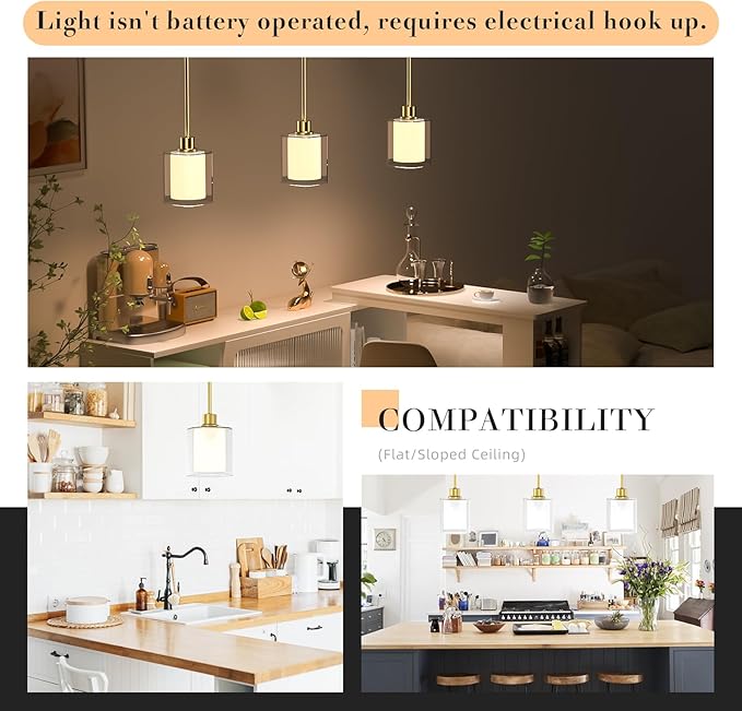 Pendant Light Kitchen Island Lighting, Height Adjuatable Rod Clear Dual Glass - with 3 Color Temperatures Bulb & Remote Control, Farmhouse Hanging Lighting Fixture for Dining Room Bedroom, 1 Pack