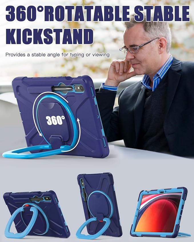 BRAECN Kids Case for Samsung Galaxy Tab S10 Lite/S10 FE 2025 & S9 FE/S9 2023 10.9"/11" | Heavy Duty Shockproof Silicone Cover with Rotating Handle, Shoulder Strap, Kickstand & S Pen Holder, Navy Blue