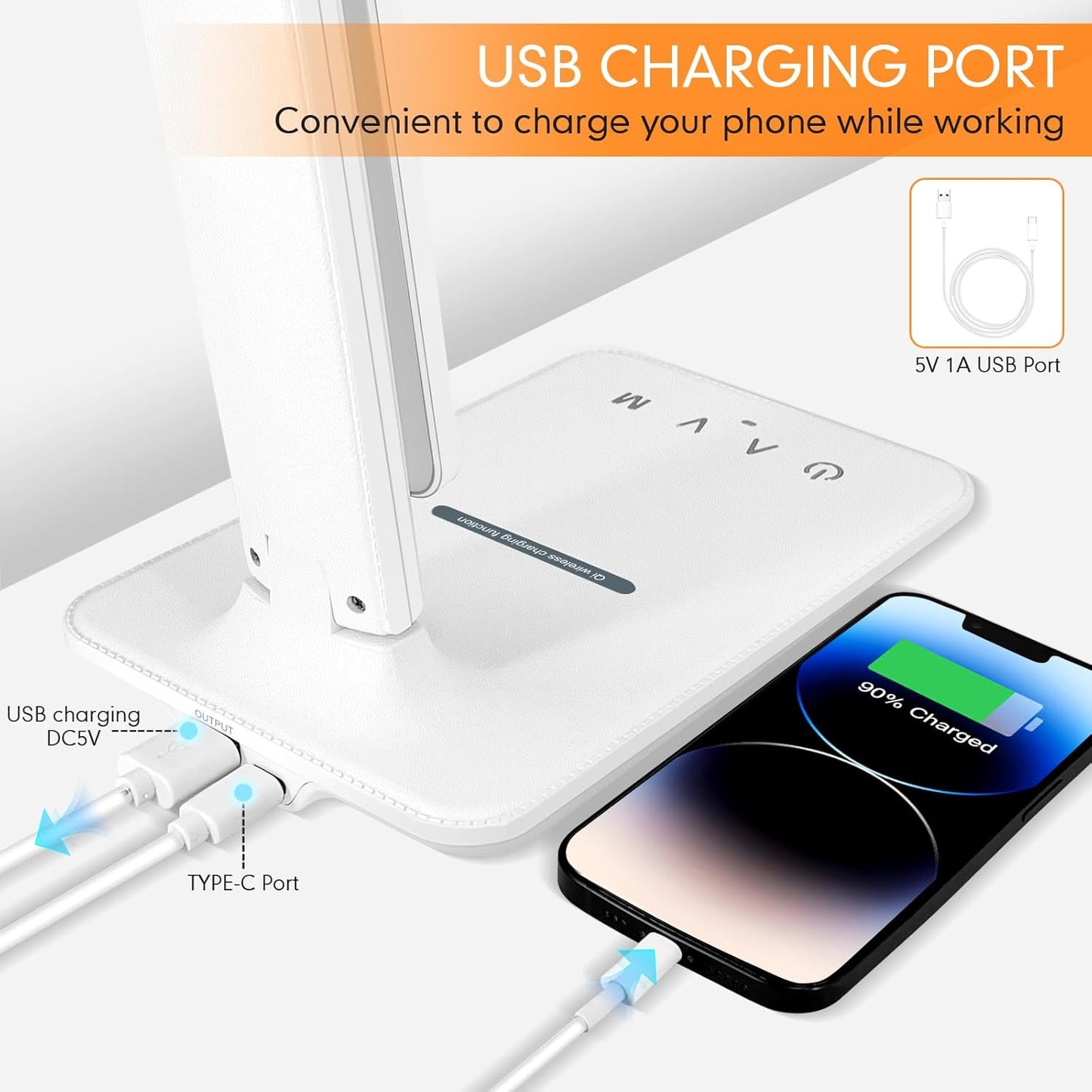 White crown LED Desk Lamp with 15W Wireless Charger & USB Port, Dimmable Table Lamp with 5 Lighting Modes, Sensitive Touch Control, Foldable & Portable Desk Light for Home, Office, Bedroom, Reading