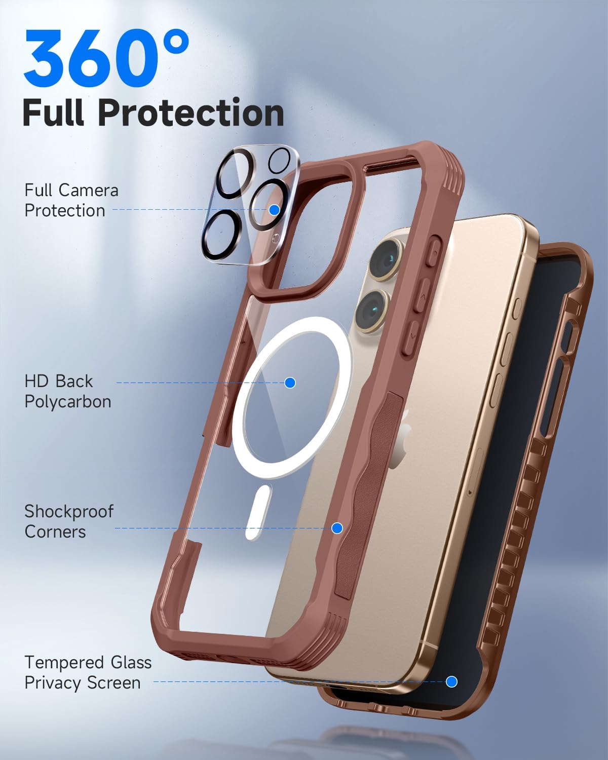 seacosmo for iPhone 16 Pro Max Case, Full Body Bumper with Built-in 9H Tempered Glass Privacy Screen Protector and Camera Lens Protector, Compatible with MagSafe, Shockproof Case, 6.9", Desert Brown