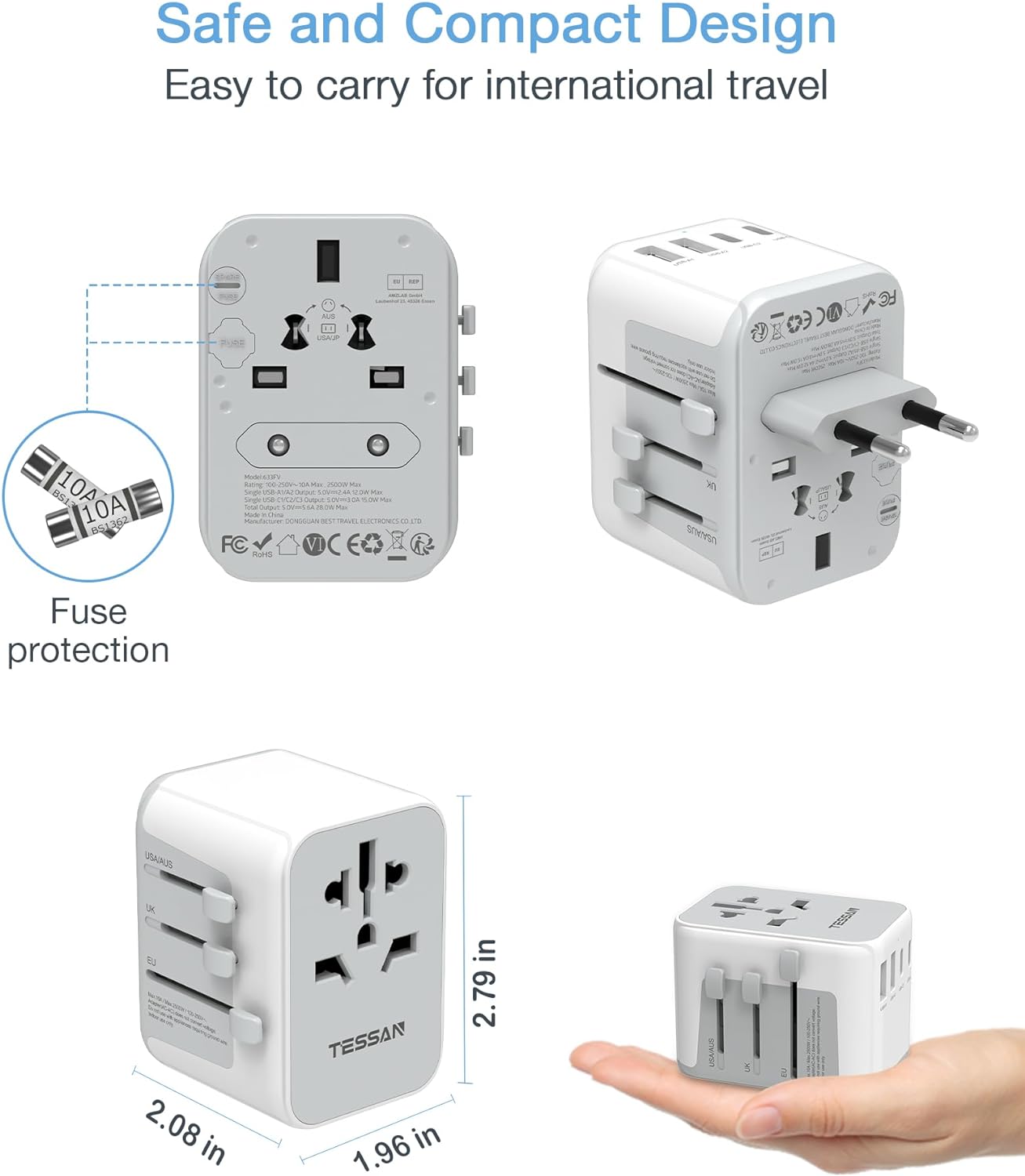 TESSAN Universal Travel Adapter, International Power Adapter 5.6A 28W 3 USB C 2 USB A Ports, Travel Worldwide Plug Adaptor, Outlet Wall Charger for Europe UK EU AUS (Type C/G/A/I)