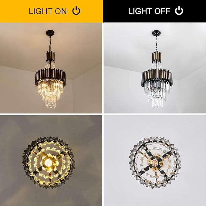 Crystal Chandelier Light 15.8" 7-Light K9 Crystal Pendant Lighting 3-Tier Black Gold Luxury Hanging Light Fixture for Dining Room Living Room Kitchen Bedroom Stairway