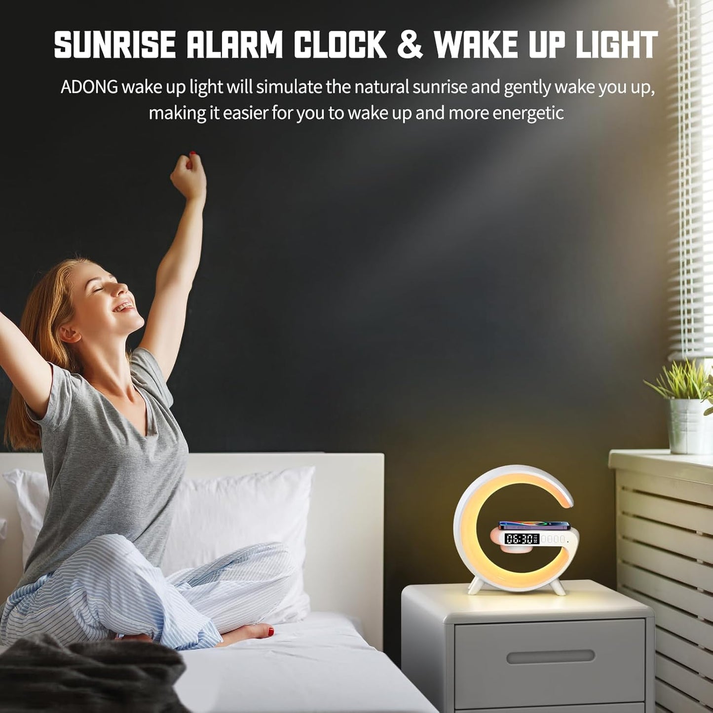Mini LED Table Lamp with 4-in-1 Wireless Charger, Night Light, Sunrise Alarm Clock, Bluetooth Speaker, Smart Atmosphere Table Lamp for Bedroom, Office, Home Decor (White)