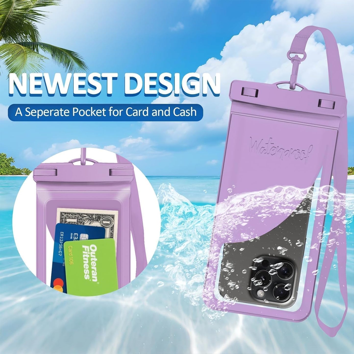 Universal Waterproof Phone Case, with Inside Card Holder, Large Dry Bag Compatible for iPhone 16 15 14 13 12 Pro Max XS Plus for Galaxy S22, IPX8 Beach Travel Essentials, 1 Pack-Purple-8.3″