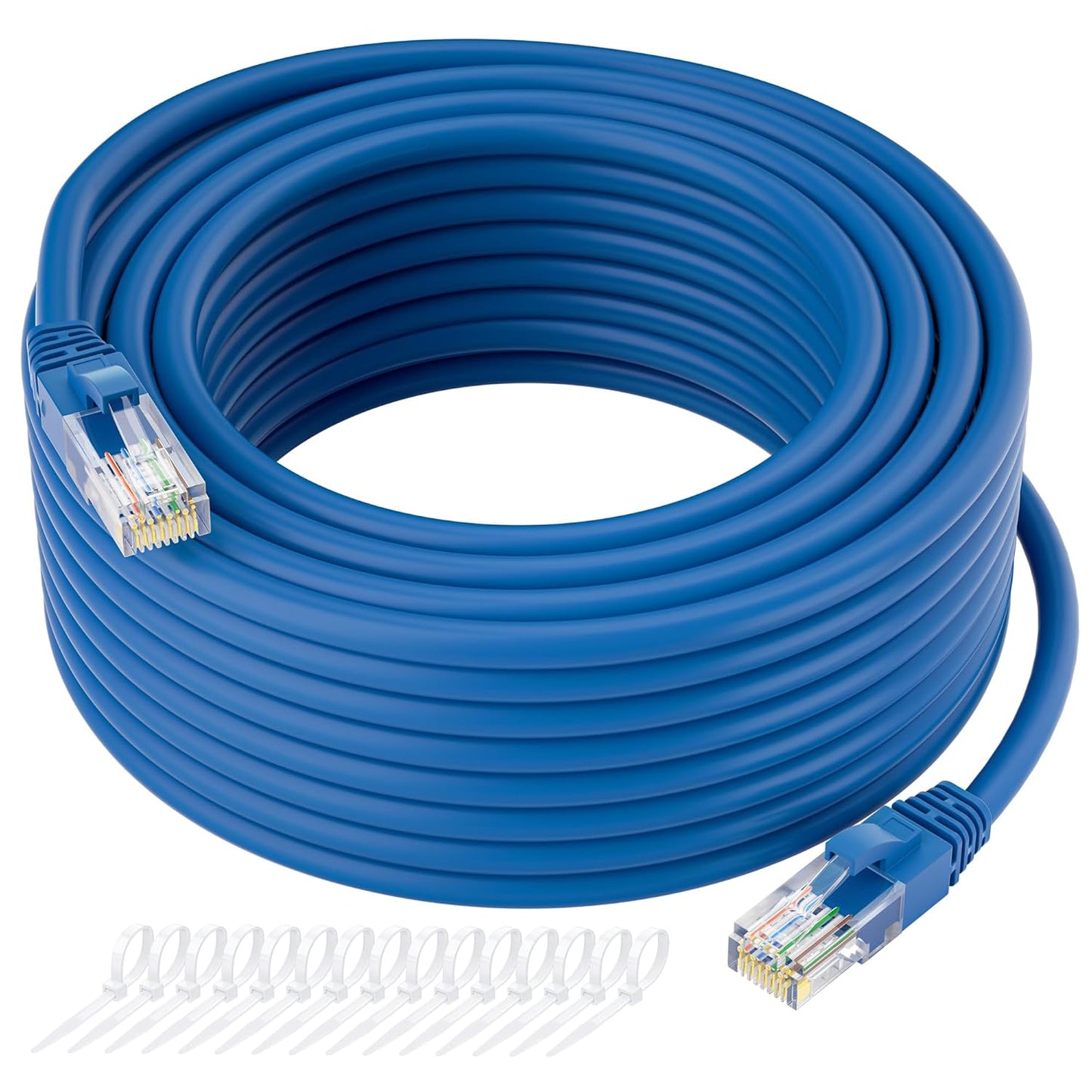 Cat5e Ethernet Cable 50 FT, Cat 5e Internet Cable, Blue Snagless Patch Cord, Flexible, Network, LAN, PoE, Standard RJ45 Connector for PC, Server, Router, Modem, TV, PS5 - with 15 Cable Ties