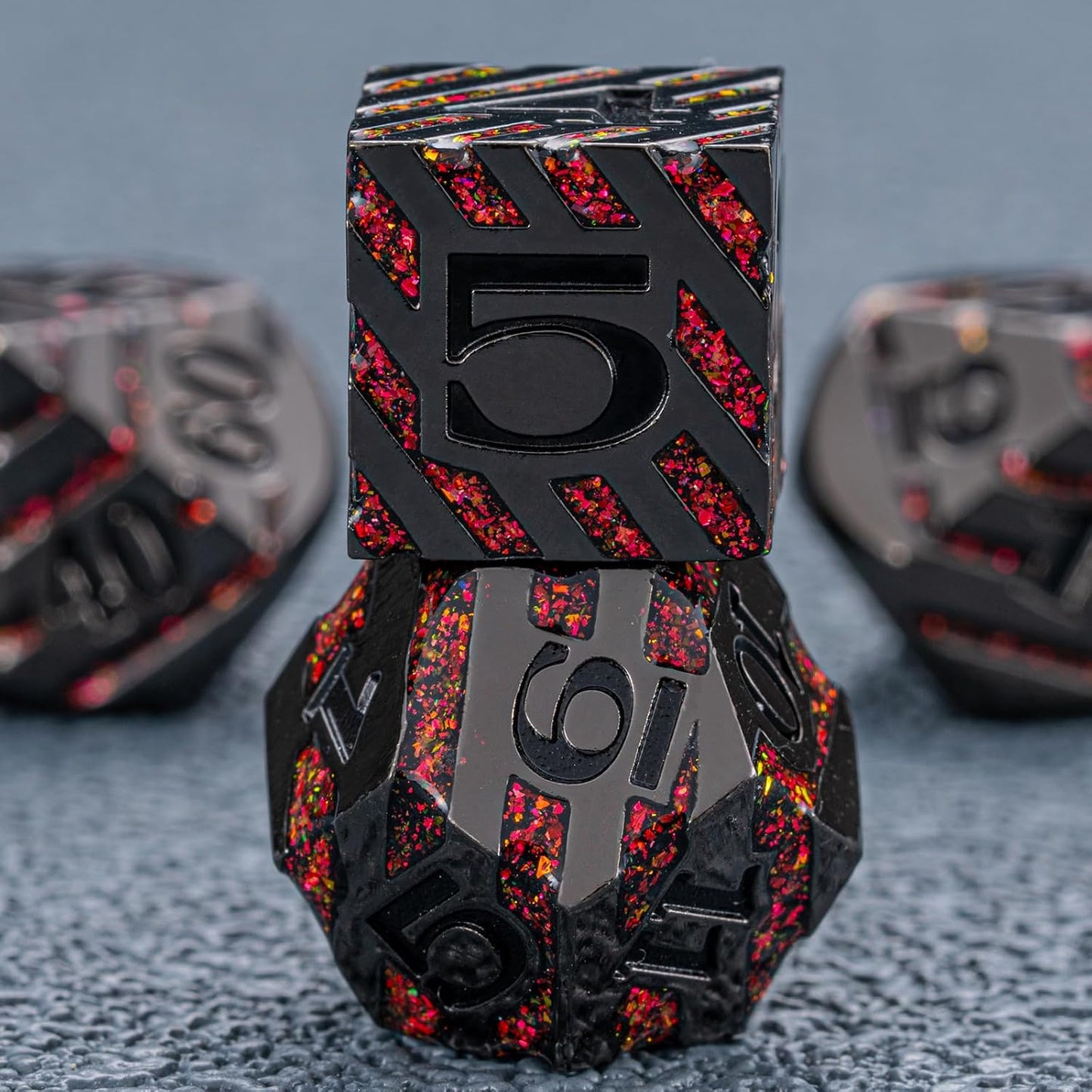 Metal Dice Set DND,Metallic Glitter Stripes D&D Dice Set,7 PCS Polyhedral Dice Set with Gift Case for Dungeons and Dragons Tabletop Game(Black Nickel Red)