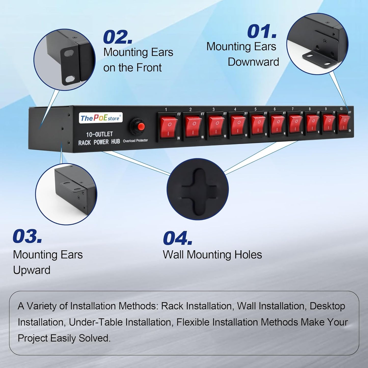 10-Outlet 1U Rack Mount Power Strip - Surge Protector, Features 10 Front Switches with LED Light - Ideal, w/ 6 ft Cord for Network Server Racks and Cabinets, by ThePoEstore