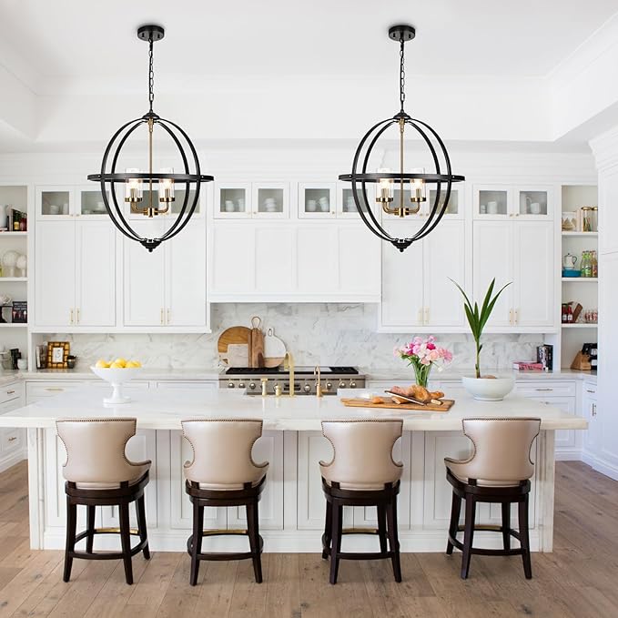 Treekee 4-Light Black Orb Chandelier, 20" Black and Gold Globe Pendant Light, Adjustable Hanging Ceiling Light Fixtures, Industrial Ceiling Chandelier Light for Kitchen, Dining Room, Foyer