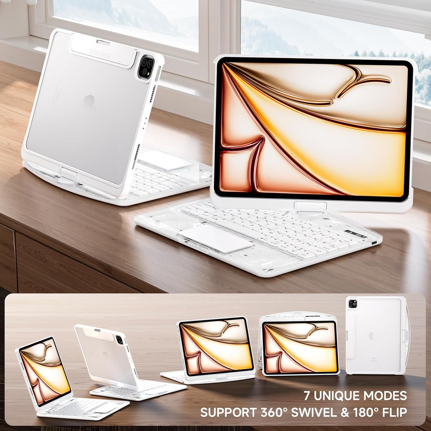 Transparent Case with Keyboard iPad Air (M3/M2,2025/2024) 11 Inch,Compatible 10.9" iPad Air 5th/4th & 11" iPad Pro 4/3/2/1,7-Color Backlit,Wireless Keyboard, 360°Rotating,with trackpad,White