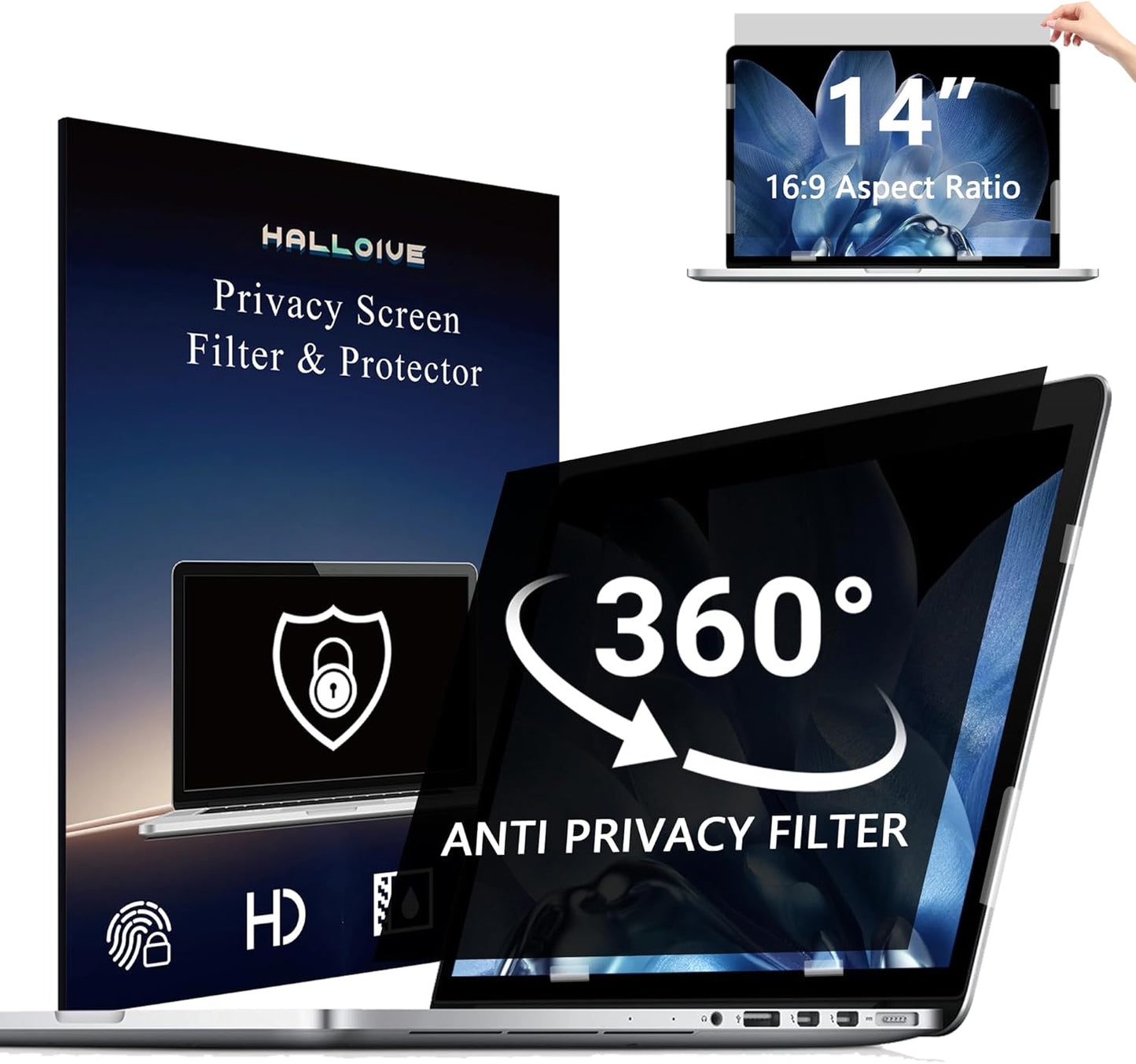 4-Way Laptop Privacy Screen Shield 14 Inch, Removable 16:9 Aspect 360° Privacy Filter Screen Protector for 14 Inch Laptop Computer, Anti Glare Blue Light Slide Mount Tabs Cover for Generic Laptop