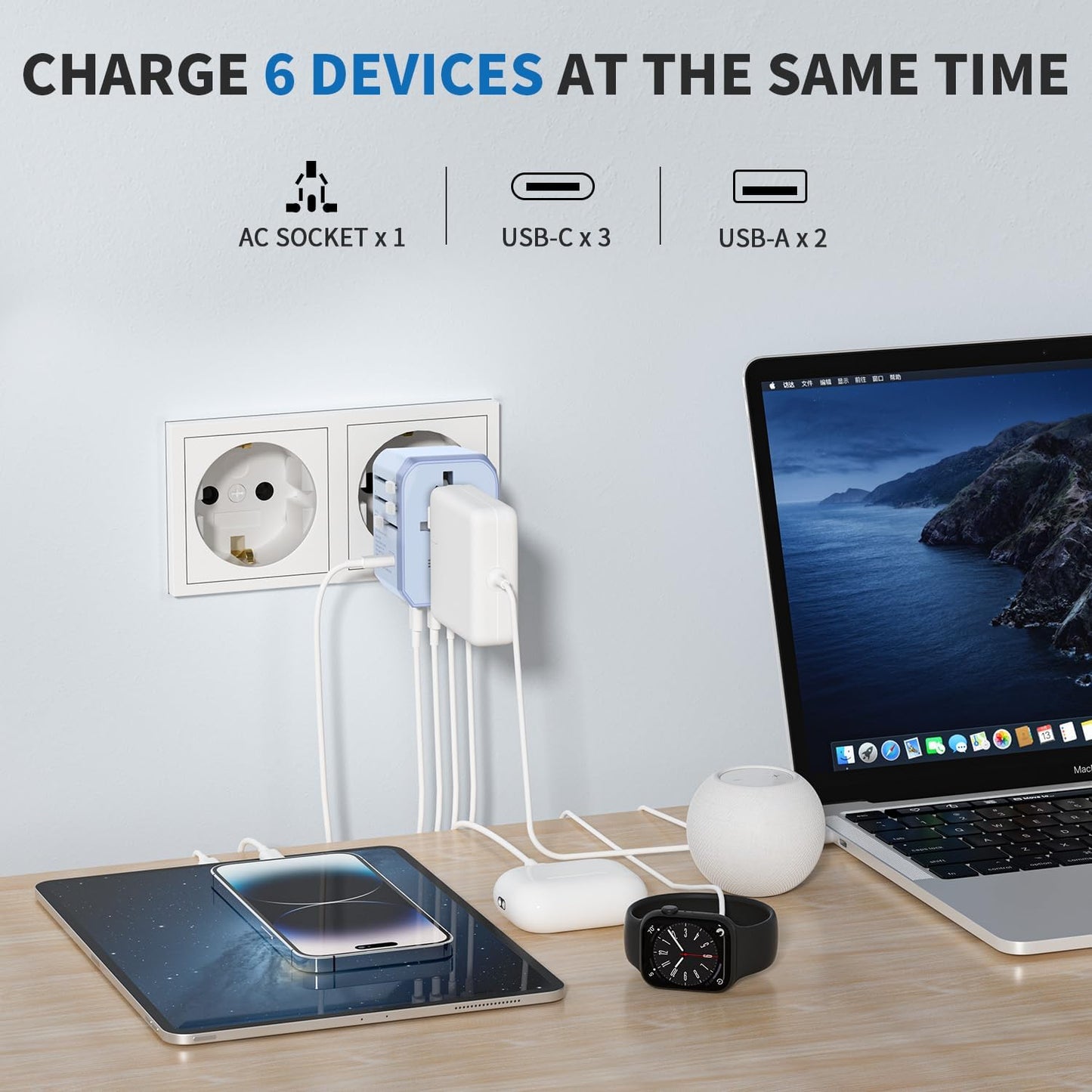 EPICKA Universal Travel Adapter, International Power Adapter with 2 USB-A & 3 USB-C Ports Wall Charger - Worldwide Travel Essentials, European Travel Plug Adapter for UK/US/AU (TA-105C, Blue)