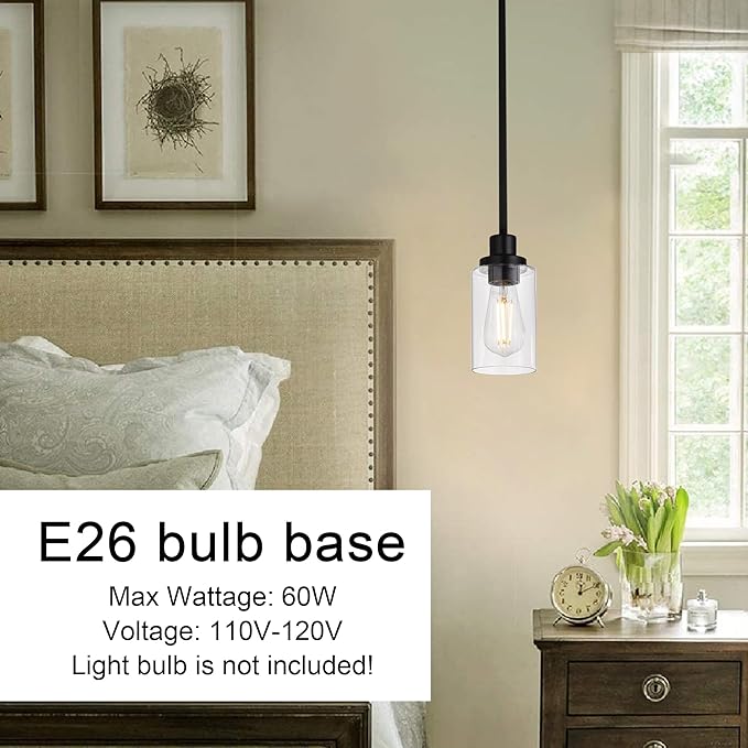 MELUCEE 2-Pack Pendant Light Black Adjustable Hanging Light Fixtures Ceiling with Clear Glass Shade, Set of Two Mini Pendant Lighting for Kitchen Island Hallway Porch Corridor