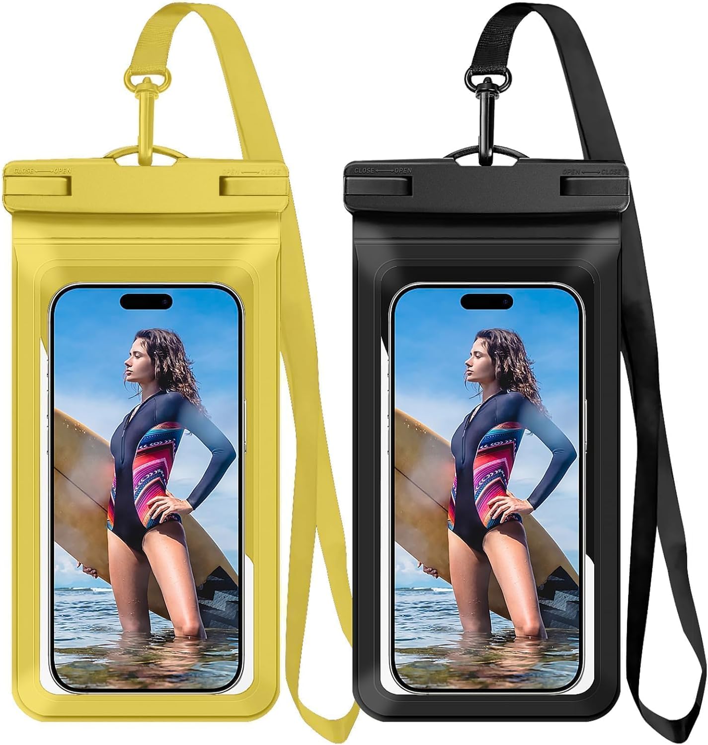Waterproof Phone Case,with Inside Card Protector, IPX8 Cell Phone Dry Bag Up to 8.3" for iPhone 16 15 14 13 12 Pro Max XS Plus Galaxy S22, Cruise Vacation Essentials, 2 Pack Black &Yellow