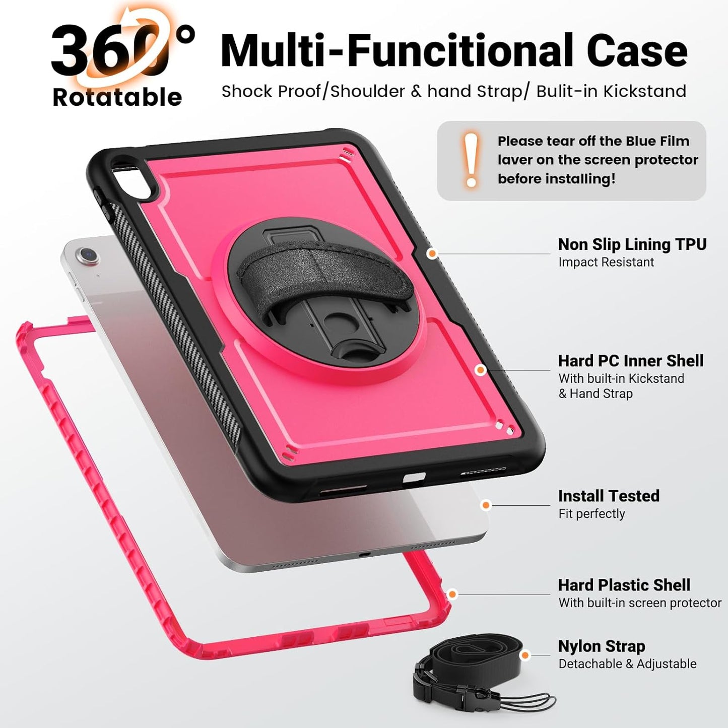 SCSVPN Case for iPad (A16) 11th Generation 11 Inch 2025 / 10th Generation 10.9 Inch 2022, Shockproof Protective Case with Screen Protector, Pencil Holder, Rotating Stand, Hand/Shoulder Strap - Rose
