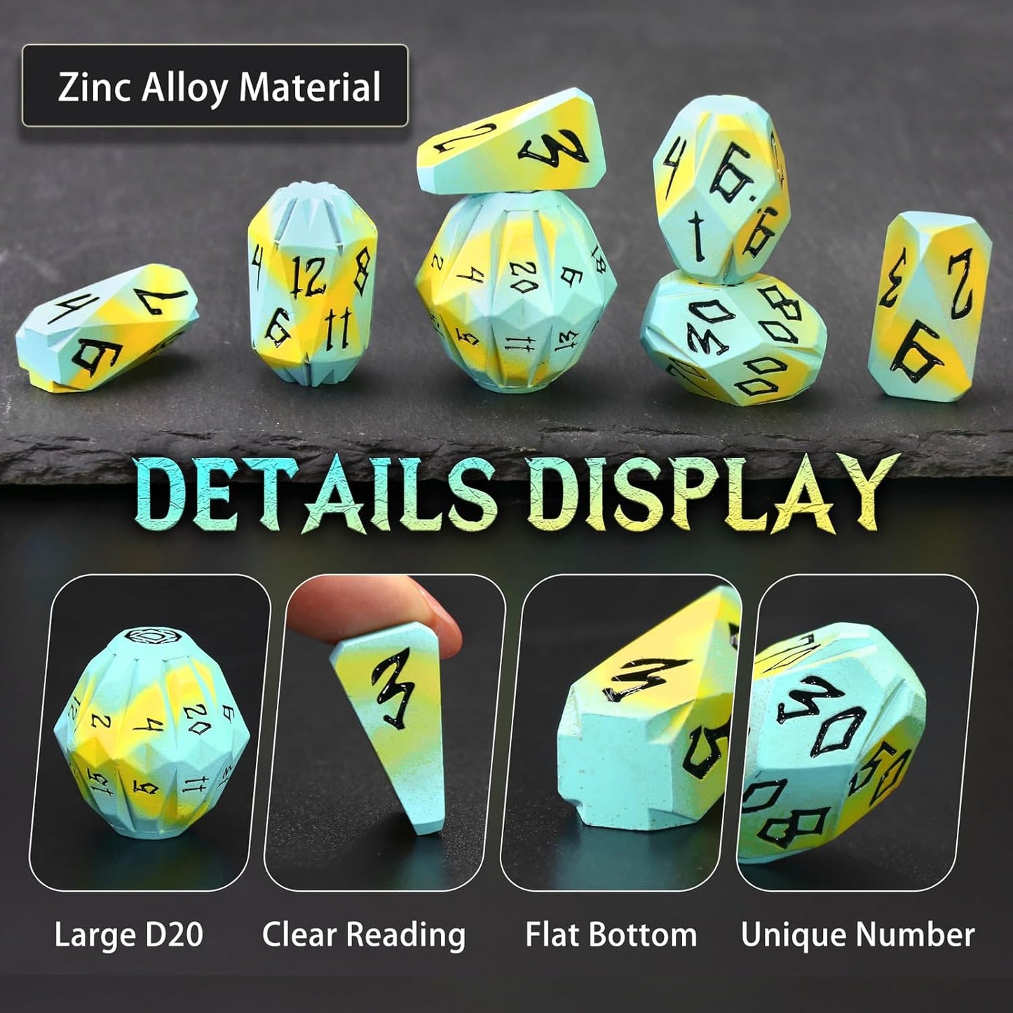 Metal DND Dice Set, Dungeons and Dragons DND Dice of 7 RPG Dice Set Metal Unique Cool Polyhedral D and D Dice with Cardboard Box for Role Playing Games TTRPG Gifts (Blue Yellow)