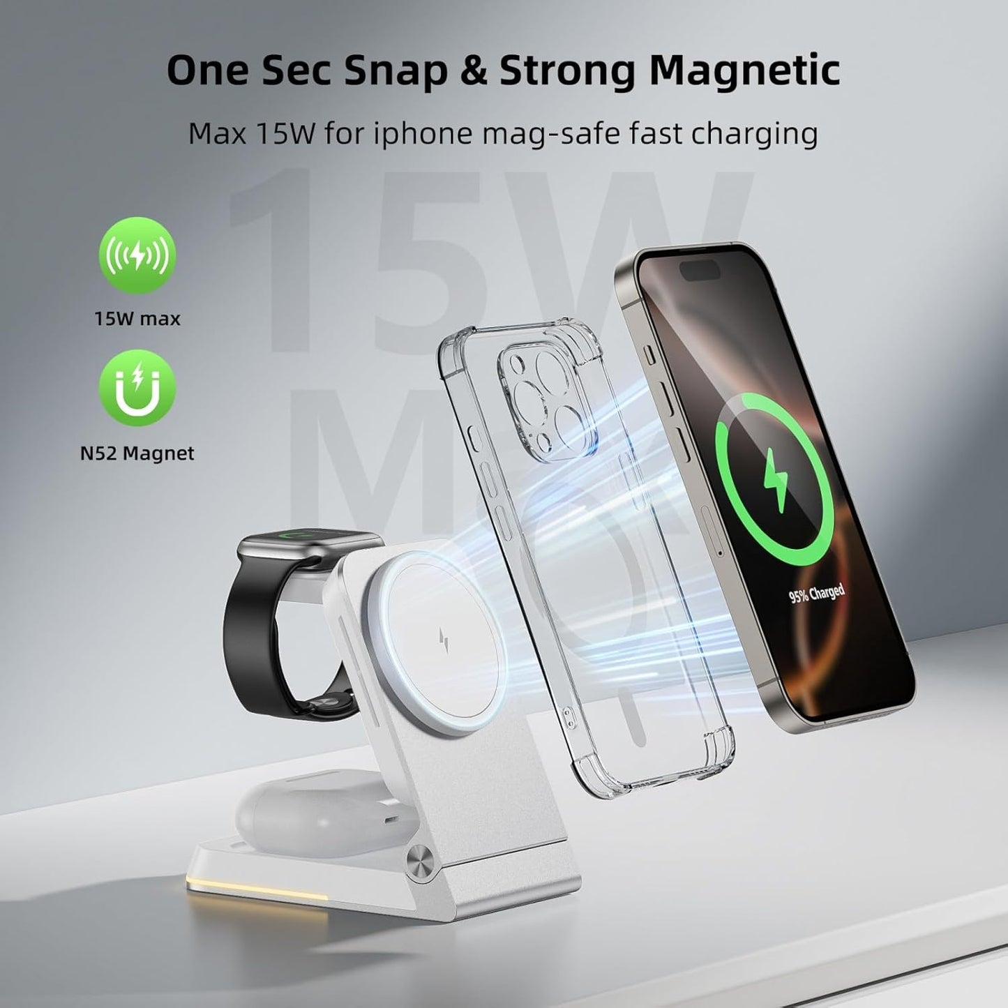 Aluminum 3 in 1 Wireless Charging Station,Foldable Wireless Charger for Apple Magsafe with Light,Portable Travel Magnetic Charger Stand for iPhone 16/15/14,Watch,Airpod, Include PD 20W Adapter & Case