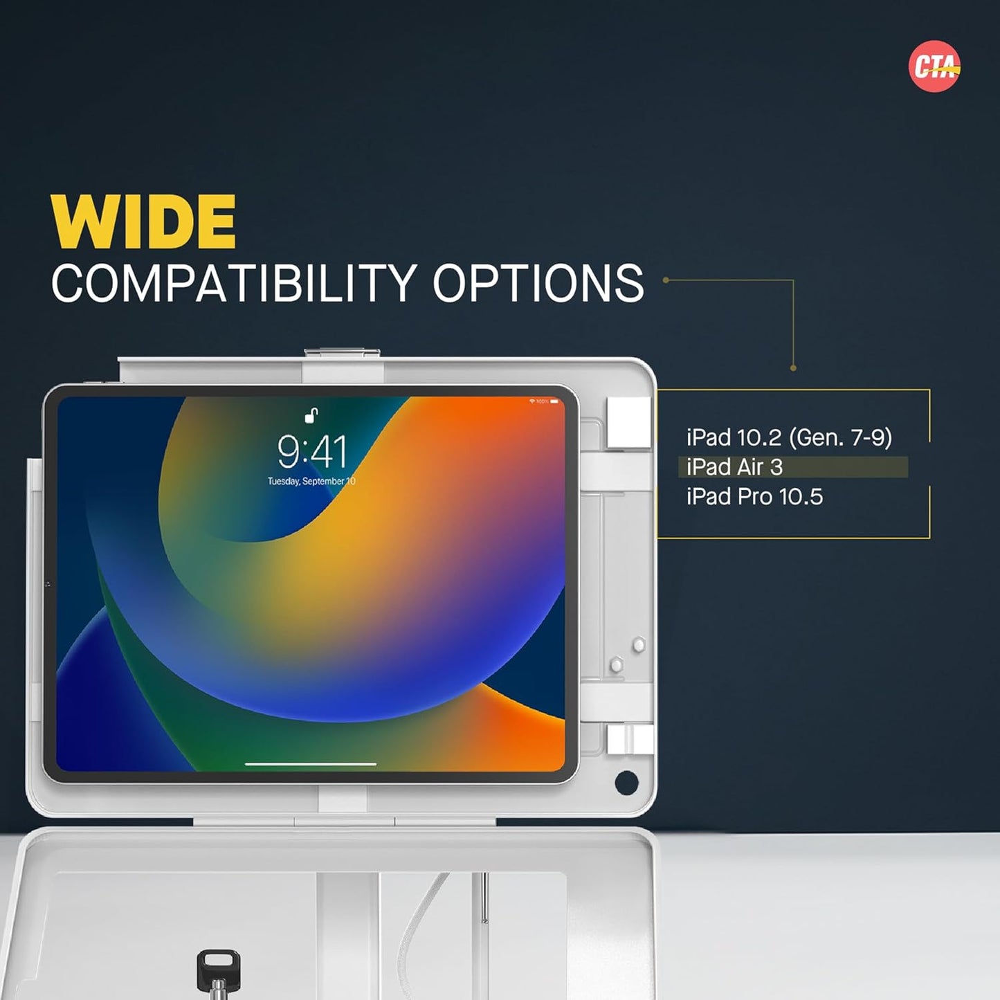 Dual Kiosk Stand – CTA Security Stand with Locking Case, Cable, Stylus and Tether – Compatible with Headphone Jack, iPad 7th/ 8th/ 9th Gen 10.2”, iPad Pro 10.5 (PAD-ASKW10) – White