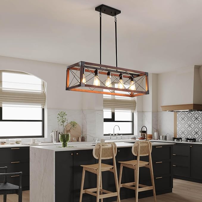 Farmhouse Lighting Dining Room Light Fixture, Farmhouse Chandelier, Kitchen Island Lighting, Rustic 5 Light Pendant Chandeliers, Country Wood Island Lights-Walnut
