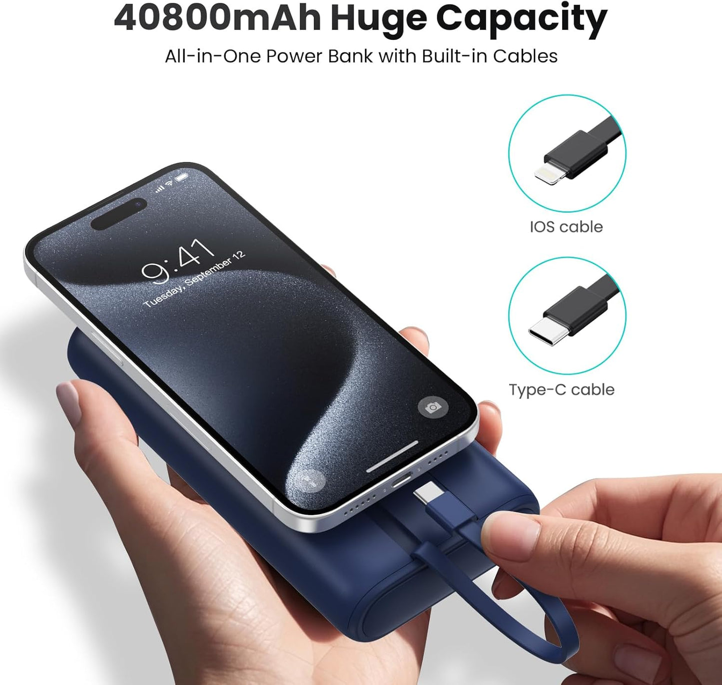 Portable Charger 40,800mAh Power Bank 25W Portable Battery Pack with 2 Built in Cables [2024 Upgraded], PD QC4.0 Fast Charging Portable Phone Charger Compatible with iPhone 16/15,Android Samsung-Navy