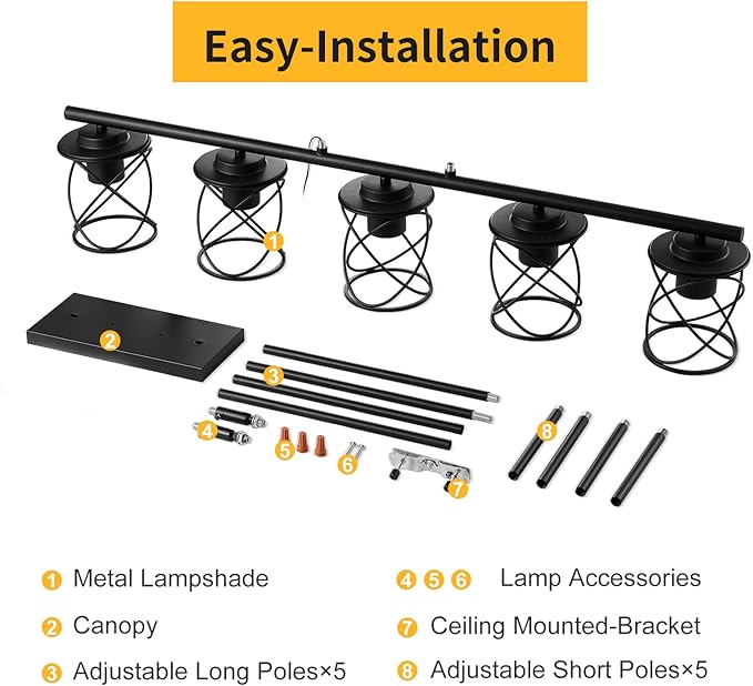 Kitchen Island Light, 5-Light Dining Room Lighting Fixtures Hanging, Farmhouse Linear Pendant Light for Kitchen Island Table Living Room with Adjustable Rods, Black Metal