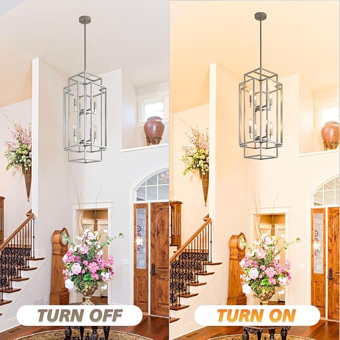 WJShome 31.5" Farmhouse Chandelier, Large Chandeliers for High Ceilings, Modern Foyer Lighting Fixtures, 8-Light Silver Tiered Lantern Pendant Light, for Living Room Staircase Entryway