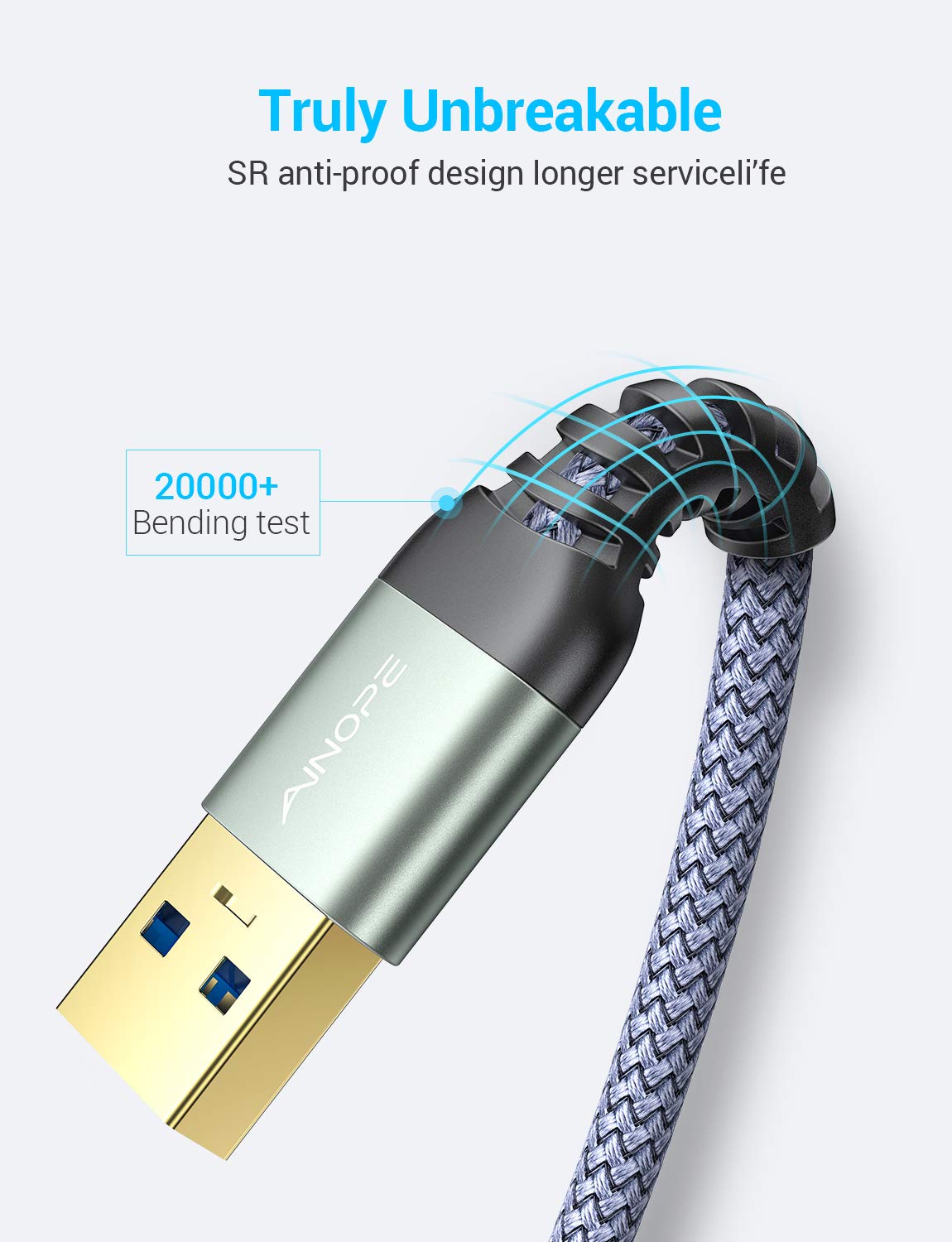 AINOPE 2 Pack USB Extensions Cable High Speed USB 3.0 Extension Cord Type A Male to Female Sturdy Braided Material Fast Data Transfer Compatible with USB Keyboard,Mouse,Flash Drive,Grey,3.3FT+6.6FT