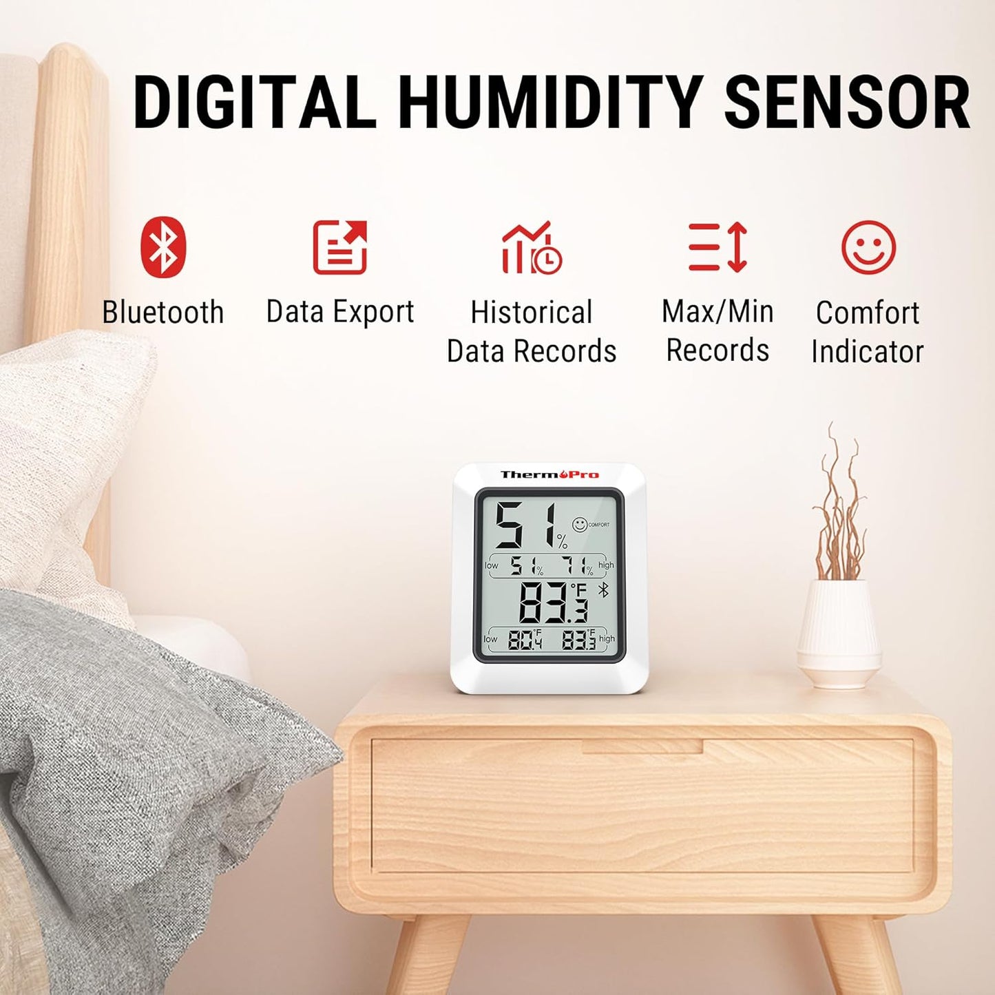 ThermoPro Hygrometer Thermometer for House TP350, Bluetooth Room Indoor Greenhouse Thermometer Monitor Up to 260FT, Backlit Humidity Meter Temperature Sensor with 2-Year Data Export, 2 Pack
