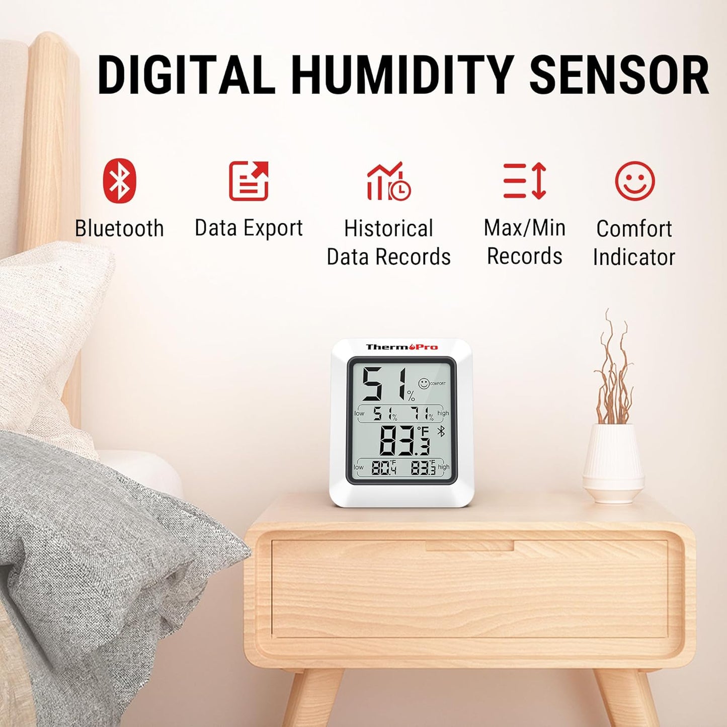 ThermoPro Hygrometer Thermometer for House TP350, Bluetooth Room Indoor Greenhouse Thermometer Monitor Up to 260FT, Backlit Humidity Meter Temperature Sensor with 2-Year Data Export