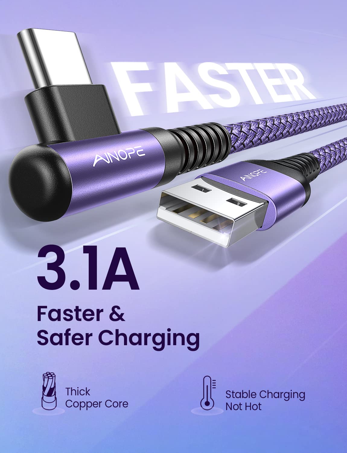 AINOPE USB C Charger Cable, 3.1A Type C Charger Cable Fast Charging, [2 Pack, 2M] Right Angle USB c Fast Charger Cable Compatible with Samsung Charger Type c, Huawei, Google Pixel, Sony Xperia, LG