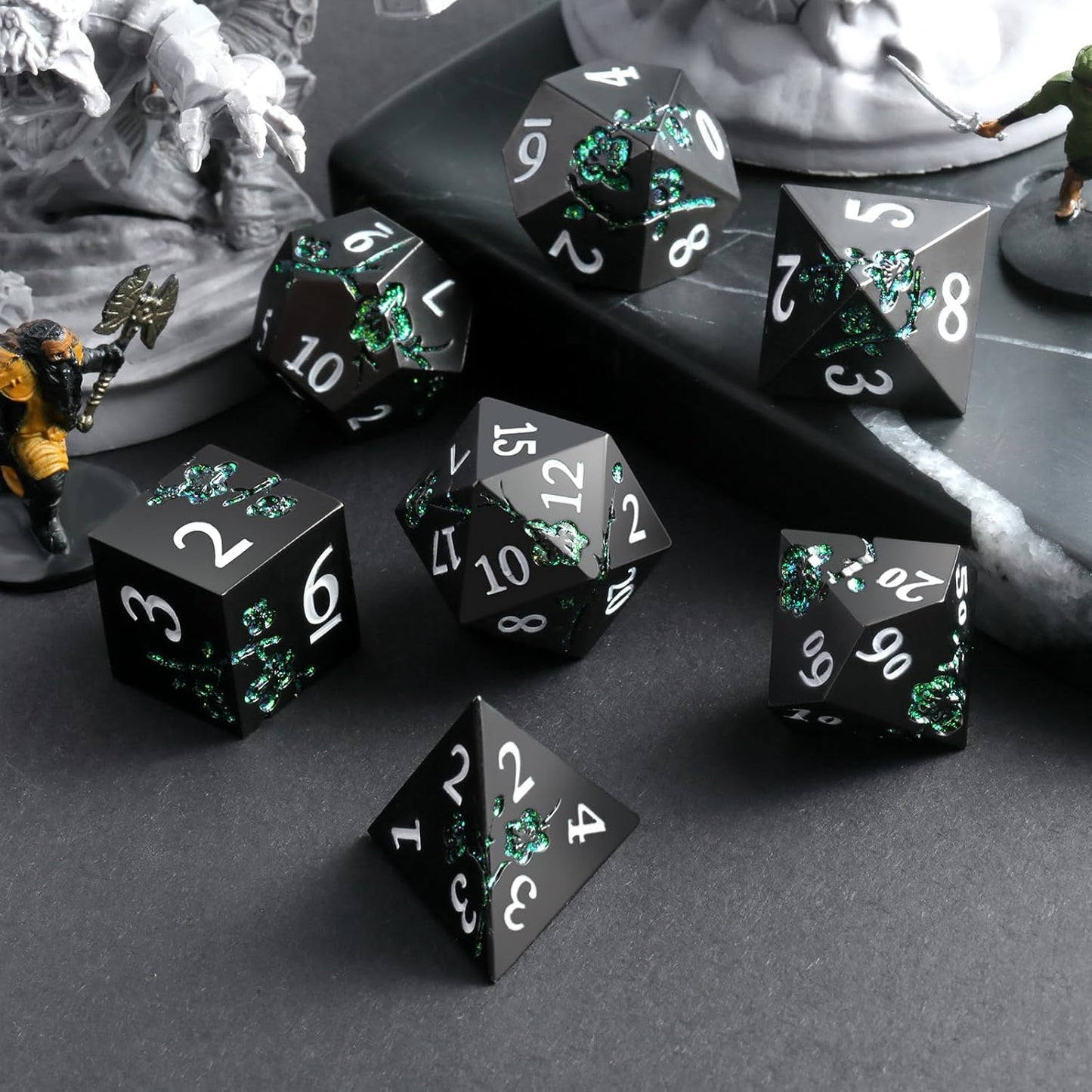 Glitter Green DND Metal Dice, DNDND 7 PCS Flower Metallic DND Dice Set with Gorgeous Gift Case for Dungeons and Dragon Tabletop Game (Matte Black with Glitter Green Flower)