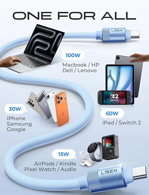 LISEN for iPhone Air 17 Charger Cord USB Cable 10FT, Chubby 100W Soft Silicone USB C to USB C Fast Charging Cable, Long USBC to USBC for iPhone 17 16 15, Samsung S25, MacBook Pro/Air, Blue