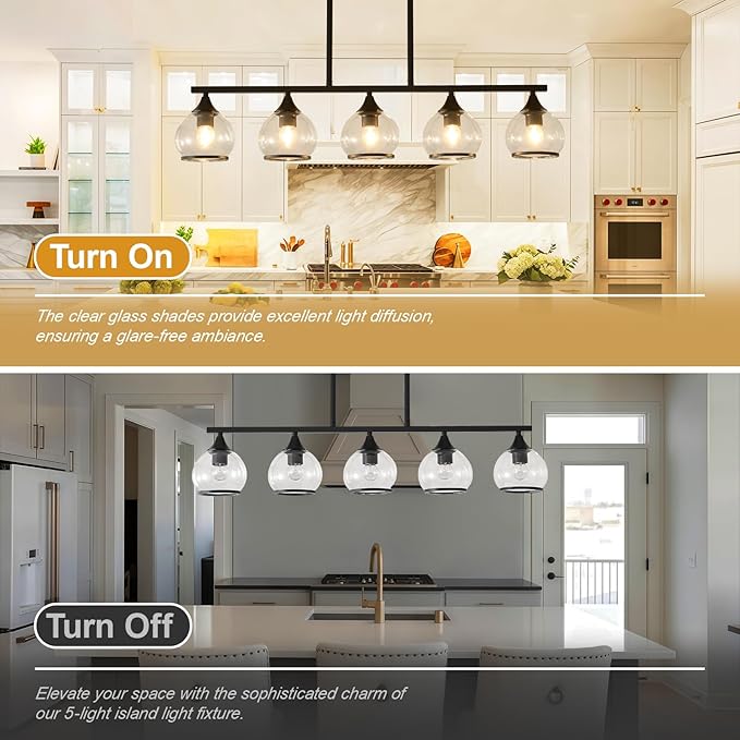 5 Light Round Linear Chandelier Black Modern Glass Hanging Light Minimalist Clear Kitchen Chandeliers Hight Adjustable for Dining Room Island Living Room (Black)