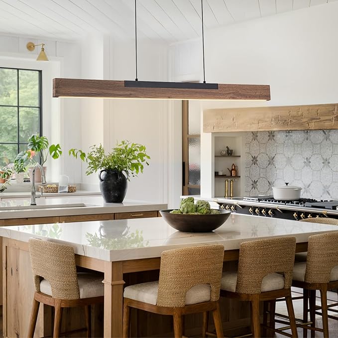 EDISLIVE 49.2 in Wood Linear LED Pendant Light Kitchen Island，Dimmable LED Island Light Adjustable Height 3000K for Dining Room - Black Walnut