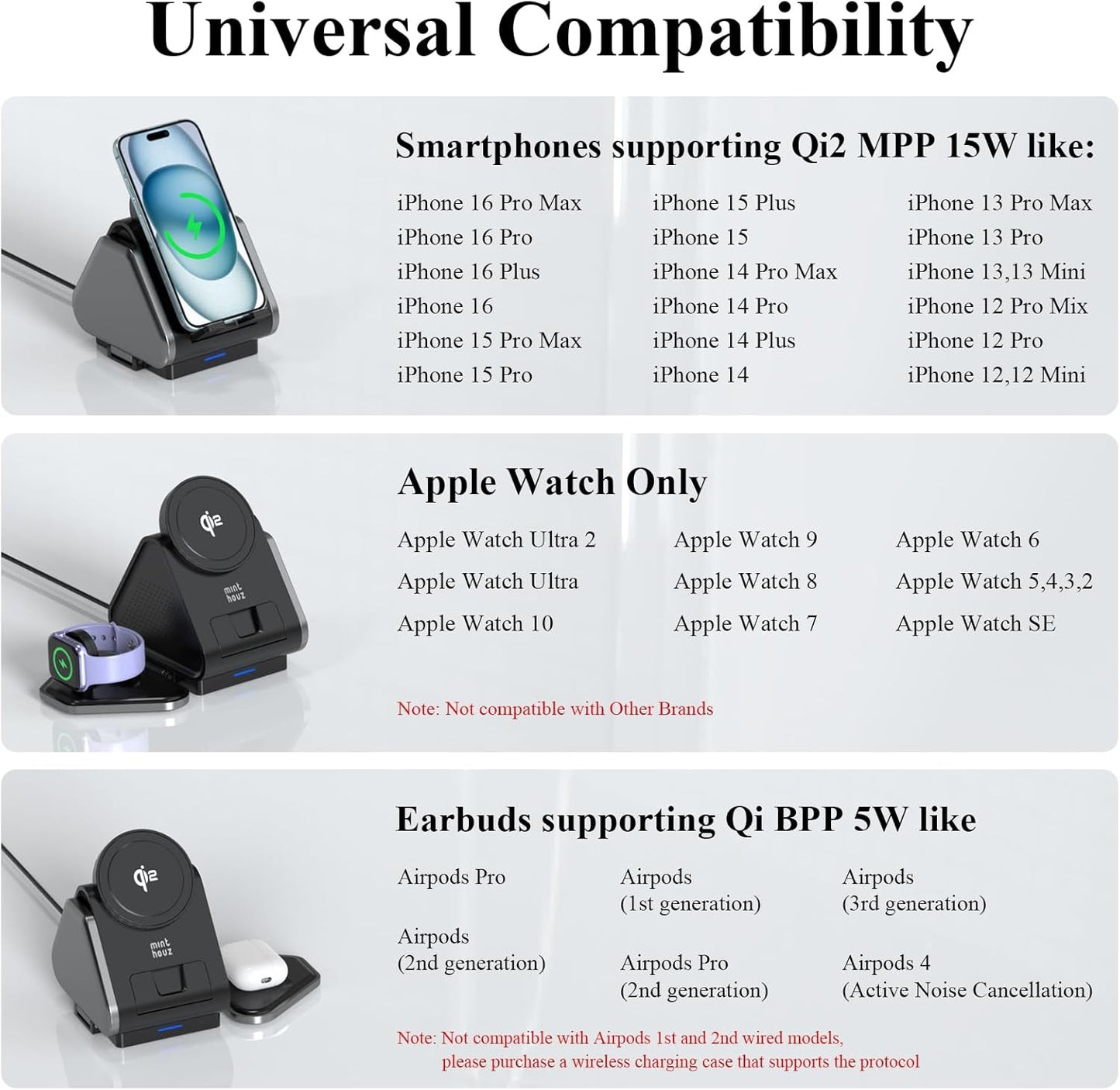 3 in 1 Charging Station, Mag Safe Wireless Charger Stand, Qi2 Certified, 15W Multiple Device Magnetic Charging Station for iPhone 16,15,14,13,12 Series, Apple Watch, AirPods (USB-C Charger Included)