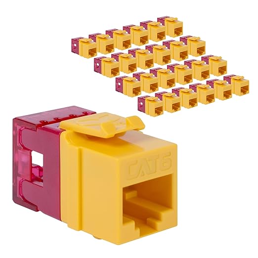 ICC CAT6 Keystone Jack with Slim Profile 180 Degree Punch Down, RJ45 UL Listed PoE++ TAA Compliant for Wall Plate or Patch Panel, Works with JackEasy Termination Tool, Yellow 25 Pack