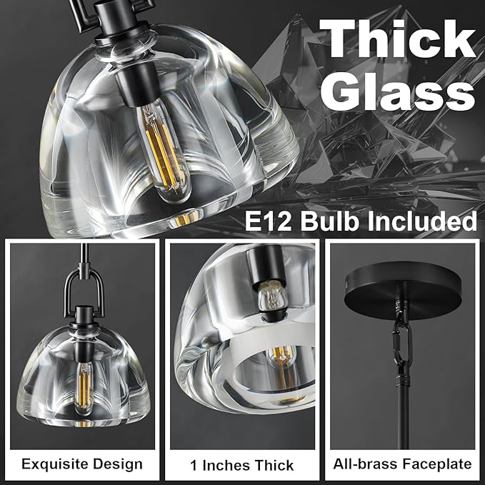 Pendant Light Fixture, 7" Glass Modern Black Pendant Lights Kitchen Island, Hanging Glass Dome Pendant, Black Kitchen Pendant Lighting Over Island, E12 Bulb Included