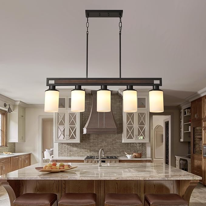 Farmhouse Dining Room Light Fixture, 5-Light Wood Kitchen Island Lighting for Dining Room Over Table, Black Adjustable Pendant Light with Milk Glass Shades, Linear Chandeliers Lighting for Kitchen