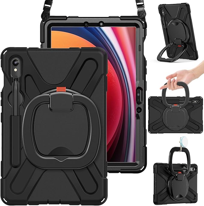 BRAECN Rugged Case for Samsung Galaxy Tab S10 Lite/S10 FE/S9 FE 10.9" & S9/S8/S7 11" SM-X400/X520/X510/X710 | Heavy Duty Shockproof Silicone Cover with Kickstand, Shoulder Strap & S Pen Holder, Black