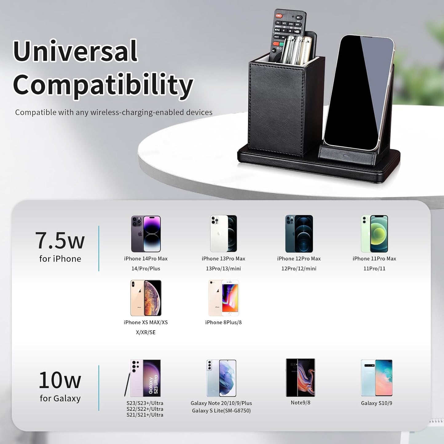 Wireless Charger with Desk Organizer, Wireless Charging Station for iPhone 13/13 Pro Max/13 Pro/12 Series/11/XS Max/XR/X/8Plus/SE 2, Wireless Charging Stand with Leather… (Black)