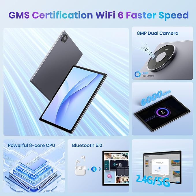 Tablet, Octa-core CPU, 1 Years Protection,12GB+64GB (Up to 1TB), 10.1 inch Android 14 Tablet, 800x1280 Resolution, WiFi 6 & Bluetooth 5, Dual Speakers