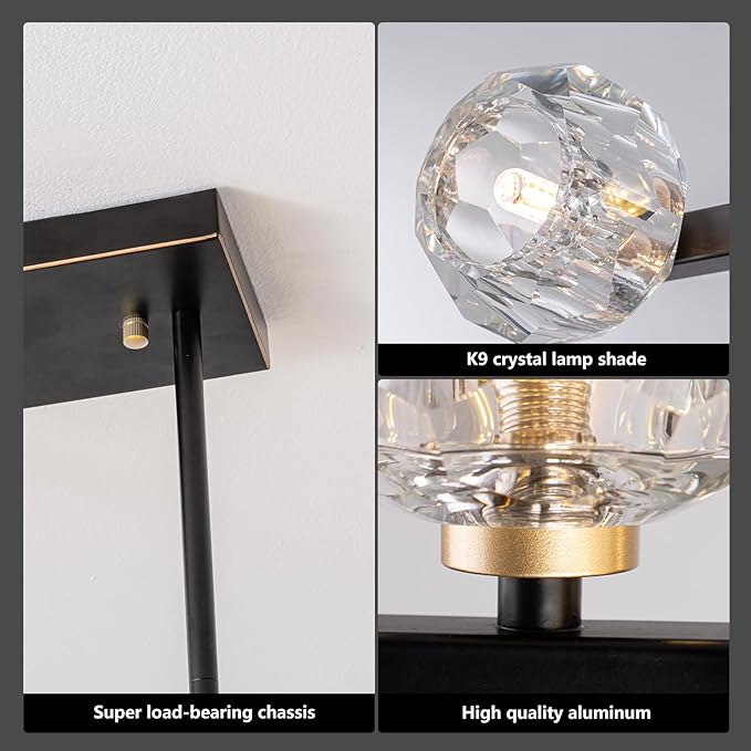 Modern Crystal Chandelier Dining Room Light fixtures Black Chandeliers with Crystal Ball Shade 8-Lights Industrial Globe Hanging Pendant Lighting for Kitchen Island,Living Room,Dining Room