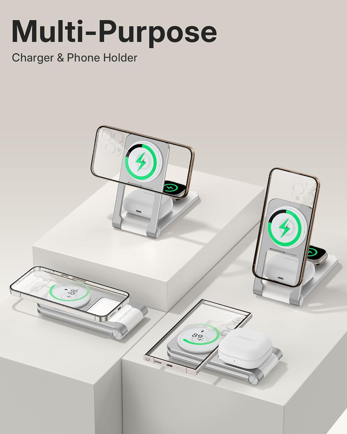 Wireless Mag-Safe Charger Stand for iPhone 16 Pro Max, 3 in 1 Charging Station for Multiple Devices, Metal Foldable Travel Charger for Apple Watch & AirPods, Built-in Retractable USB-C Cable, White