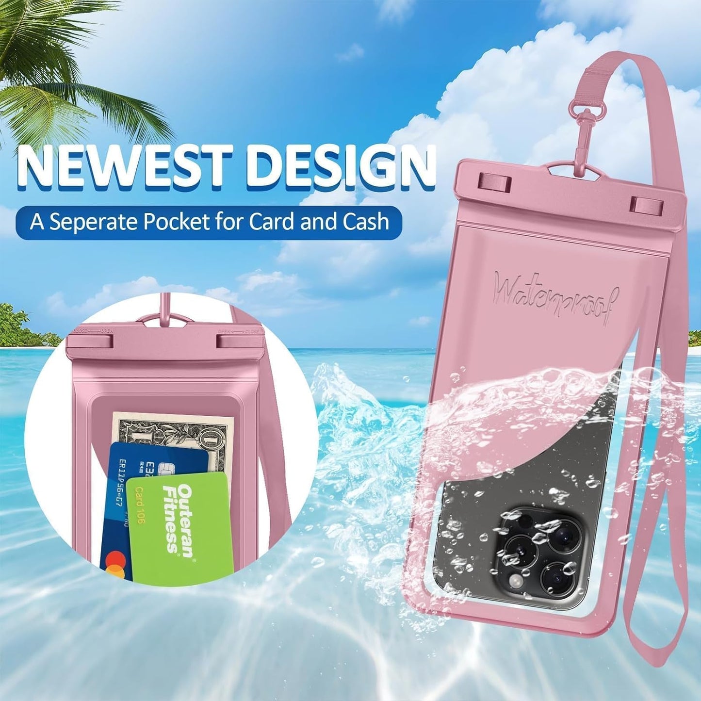Waterproof Phone Pouch,with Inside Card Bag, Large Waterproof Case for iPhone 16 15 14 13 Pro Max,IPX8 Certified and Lightweigt Cellphone Dry Bag Beach Cruise Ship Essentials, 1 Pack-Pink-8.3″